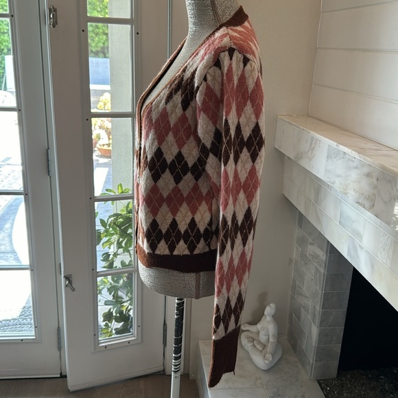 Lulus Clued In Cutie Brown Multi Argyle V-Neck Cardigan Size Large - Picture 5 of 14
